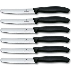 Victorinox Ontbijtmes Tafelmes met Kartel - RVS - Lemmet 11 cm - Zwart - Krom Heft - 6 Stuks