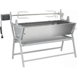 <p>Deze grill en rotisserie combinatie is perfect voor het traditioneel roosteren van vlees. Met deze grill kunt u eenvoudig grote stukken vlees braden, zoals ribbetjes en kip. Het draaispit is verstelbaar in lengte, waardoor het vlees nog beter blijft zitten. Daarnaast is de hoogte van het spit ook verstelbaar.</p>
<p>Dankzij de roestbestendige ijzeren vleespinnen is het schoonmaken van deze grill een eitje. Het ontwerp van de grill zorgt voor een gelijkmatige warmteafvoer met minimale rookvorming en spetters. De lekbak is eenvoudig schoon te maken en kan worden verwijderd.</p>
<p>Deze grill wordt geleverd met een elektrische motor om het spit rond te kunnen draaien en installatiemateriaal voor een eenvoudige montage.</p>
<ul>
  <li>Totale afmetingen: 132 x 55 x 98 cm (L x B x H)</li>
  <li>Grill: 106,5 x 51,5 cm</li>
  <li>Lekbak: 100 x 52 cm</li>
  <li>Kookhoogte: 58,5 cm</li>
  <li>Motorspanning: 220 - 240V, 50 Hz</li>
  <li>Rotatiesnelheid van de motor: 3 rpm</li>
  <li>Materiaal: hittebestendig gepoedercoate stalen buitenkant + roestvrijstalen draaispit</li>
  <li>Totaalgewicht: 25 kg</li>
</ul>