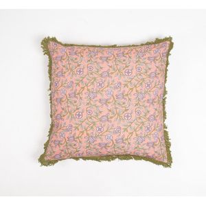 Floral Pink Cotton Cushion Cover with Olive Fringes, 18 x 18 inches