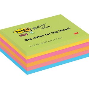 Post-it Super Sticky Meeting notes, 45 vel, ft 203 x 153 mm, geassorteerde kleuren, pak van 6 blokke