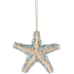 J-Line Kersthanger zeester schelpen - natuursteen - beige & blauw - 3 stuks - kerstboomversiering