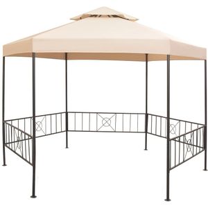 <p>Het paviljoen heeft een klassiek en elegant ontwerp. Het is ideaal als beschutting tijdens feestjes, diners, barbecues en andere bijeenkomsten.</p>
<p>Het weerbestendig dak is gemaakt van polyesterstof met een polyamide (PA) coating. Het frame is stevig en gemaakt van sterk gepoedercoat staal waardoor het roestbestendig en erg stabiel is.</p>
<p>Het dak heeft een stijlvol dubbel geventileerd onderwerp dat de ventilatie verbetert. Dit prieel is een perfecte keuze voor je tuinfeesten. Montage is heel eenvoudig.</p>
<p>LET OP: dit product mag NOOIT worden gebruikt in slechte weersomstandigheden, zoals sterke wind, zware regen, sneeuw of storm.</p>
<ul>
<li>Kleur: beige</li>
<li>Materiaal: gepoedercoat stalen frame en waterafstotend stof</li>
<li>Totale afmetingen: 323 x 275 x 265 mm (L x B x H)</li>
<li>Diagonale lengte: 323 cm</li>
<li>Lengte zijkant: 164 cm</li>
<li>Hoogte poot: 200 cm</li>
<li>Eenvoudig te monteren</li>
<li>Materiaal: Polyester: 100%</li>
</ul>