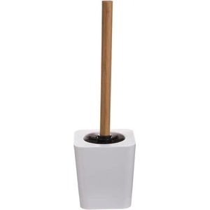 WC-/toiletborstel met houder vierkant wit kunststof/bamboe 38 cm