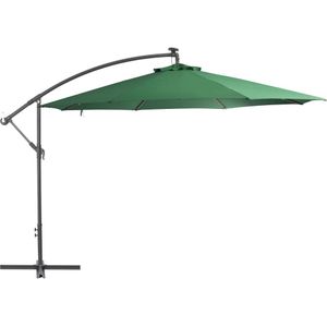 <p>Deze elegante, hangende parasol met LED-verlichting is de perfecte keuze om wat schaduw te creëren en jezelf te beschermen tegen de schadelijke uv-straling van de zon.</p>
<p>Het parasoldoek is gemaakt van UV-beschermend en anti-vervagend polyester waardoor het je optimale bescherming tegen de zon biedt en gemakkelijk schoon te maken is.</p>
<p>Het beschikt over 24 solar aangedreven LED's die automatisch je buitenruimte verlichten en een gezellige en romantische sfeer creëren als de zon ondergaat.</p>
<p>De parasol wordt ook geleverd met een stevige kruisvoet die voor stabiliteit zorgt.</p>
<p>Het exclusieve ontwerp van deze parasol stelt je in staat om de parasol te kantelen om zo de zon te blokkeren terwijl deze langzaam richting de horizon beweegt.</p>
<p>De sterke metalen paal, samen met de 8 duurzame baleinen, maakt de parasol zeer stabiel en duurzaam.</p>
<p>Onze tuinparasol kan eenvoudig geopend en gesloten worden dankzij het zwengelmechanisme.</p>
<p>Het product is eenvoudig te monteren.</p>
<p>Let op, wij adviseren om het doek te behandelen met een waterdichtmakende spray als hij wordt blootgesteld aan zware regenval.</p>
<ul>
<li>Kleur: groen</li>
<li>Materiaal: stof en metalen paal</li>
<li>Totale afmetingen: 350 x 290 cm (ø x H)</li>
<li>Afmetingen kruisvoet: 100 x 100 cm (L x B)</li>
<li>Inclusief 24 LED-lampjes en 1 zonnepaneel</li>
<li>Vermogen zonnepaneel: 0,7 W</li>
<li>Met luchtventilatie en zwengelmechanisme</li>
<li>Met 8 stalen ribben</li>
<li>Materiaal: Polyester: 100%</li>
</ul>