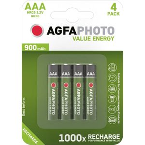 Agfaphoto Batterij NiMH, Micro, AAA, HR03, 1.2V/900mAh Value Energy, Retail-blisterverpakking (4-pac