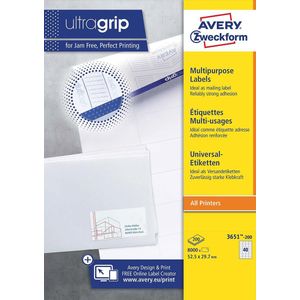 Avery Zweckform 3651-2, Universele etiketten, Ultragrip, wit, 200 vel, 40 per vel, ft 52,5 x 29,7 mm