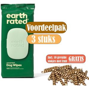 Earth Rated Dog Wipes Geurloos Composteerbaar 20,5X20,5 CM 100 ST - Voordeelpak 3 stuks - inclusief gratis stokjes gevuld met fruit (10 stuks)