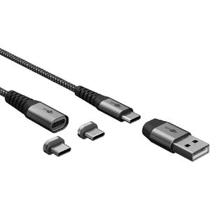 USB-A naar USB-C kabel - USB 2.0 - Magnetische connectors - Nylon sleeve - 1 meter - Zwart