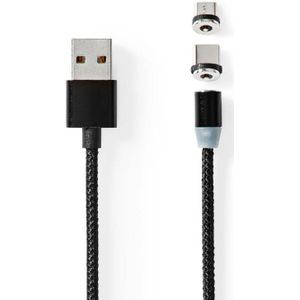 USB-A naar USB-C en USB Micro-B Oplaadkabel - Universeel en magnetisch - 2 meter - Zwart