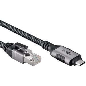 USB-C (m) naar RJ45 (m) Gigabit Ethernet Kabel - Nylon Sleeve - 3 meter - Zwart/Grijs