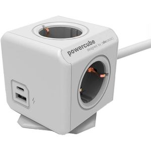 Allocacoc PowerCube extended - 4x Schuko, 1x USB-A en 1x USB-C - 1,5 meter kabel - Wit/Grijs