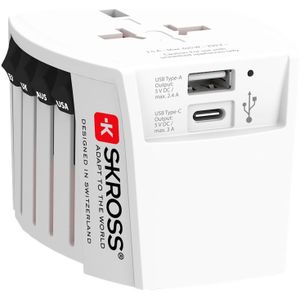 Skross Wereld Reisadapter - Met USB-A en USB-C Oplaadpoort - Ongeaard - Wit