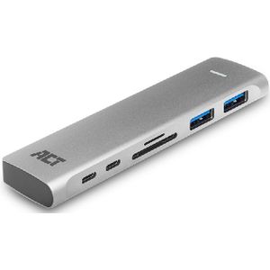 ACT USB-C Multiport Adapter - 2x Thunderbolt 3, HDMI, USB, Kaartlezer en USB-C PD - Aluminium