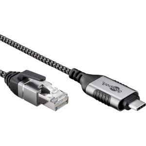USB-C (m) naar RJ45 (m) Slimline Gigabit Ethernet Kabel - Nylon Sleeve - 15 meter - Zwart/Grijs