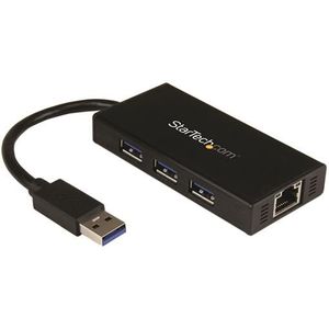 StarTech 3-poorts draagbare USB 3.0-hub plus Gigabit Ethernet - aluminium met geintegreerde kabel