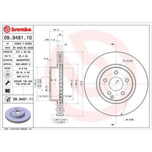 Remschijf BREMBO 9948111 voorkant, geventileerd, sterk gecarboniseerd, 1 Stuk