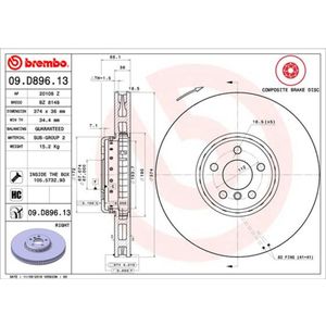 Remschijf BREMBO 09D89613 voorkant, geventileerd, sterk gecarboniseerd, 1 Stuk