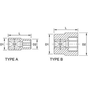 Zeskantige dop TOPTUL 3/8 inch 12 mm 6-kant lang