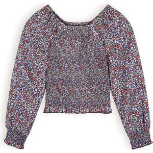 Meisjes blouse smocked bloemen - Tessa - Grijs navy blauw