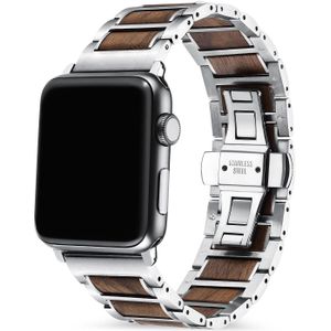Strap-it Apple Watch 8 stalen/houten bandje (zilver/bruin)