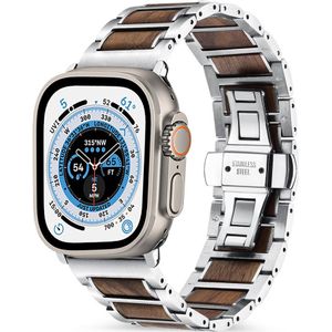 Strap-it Apple Watch Ultra stalen/houten bandje (zilver/bruin)