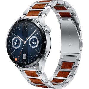 Strap-it Huawei Watch GT 3 46mm houten/stalen band (zilver)