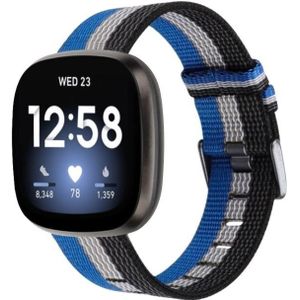 Strap-it Fitbit Versa 3 geweven nylon gesp band (zwart-wit-blauw)