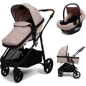 Baninni Nelia - Kinderwagen - 3in1- Luxe combi Kinderwagen met i-Size Autostoel, XL zonnekap & boodschappenmand - Beige (geschikt van 0-22kg)