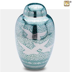 Grote LoveUrns Urn Glimzilver, Groene Vogels (3.5 liter)