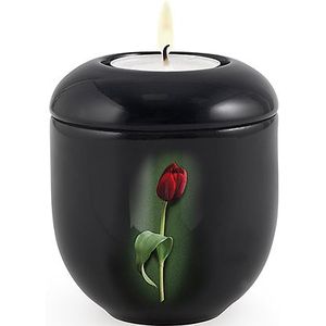Waxinelicht Urntje Rode Tulp op Zwart Satijn (0.3 liter)