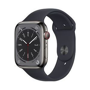 Apple Watch Series 8 45 mm kast van grafietkleurig roestvrij staal op zwart geweven sportbandje [Wi-Fi + Cellular]