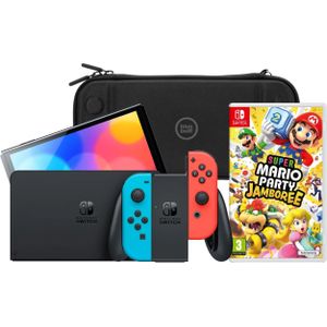 Nintendo Switch OLED Blauw/Rood + Mario Party Jamboree + BlueBuilt Beschermhoes