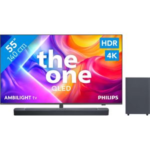 Philips Ambilight 55" PUS9000 QLED 4K (2025) + JBL Bar 2.1 Deep Bass M2 Zwart