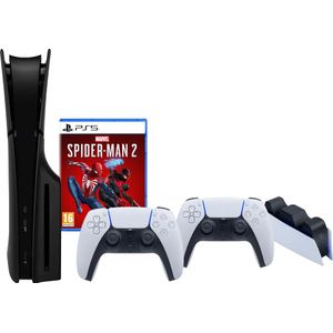 PS5 Slim Disc Edition + Spider-Man 2 + Covers Zwart + Extra Controller + Oplaadstation