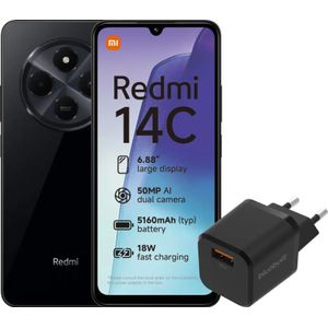 Redmi 14C 128GB Zwart 4G + BlueBuilt Oplader met Usb A Poort 18W Zwart