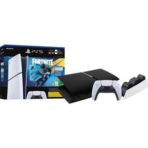 PS5 Slim Digital Edition Fortnite bundel + Covers Zwart + Extra Controller Wit + Oplaadstation