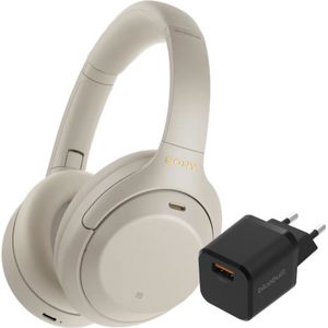 Sony WH-1000XM4 Zilver + BlueBuilt Quick Charge Oplader met Usb A Poort 18W Zwart