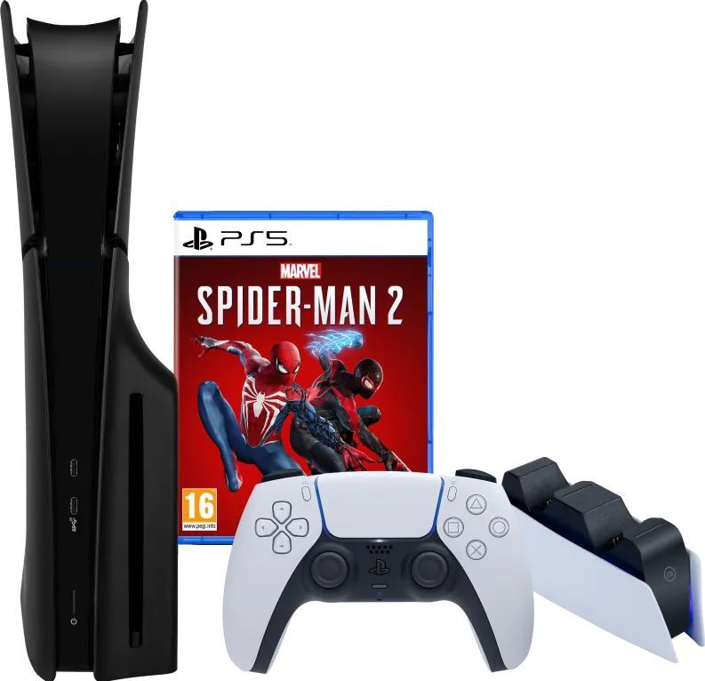 PlayStation 5 Slim Disc Edition + Spider-Man 2 +  Covers Zwart + Oplaadstation