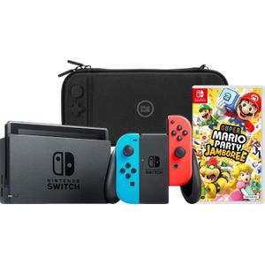 Nintendo Switch - Rood/Blauw - Gameconsole - Met Mario Party Jamboree en BlueBuilt Beschermhoes