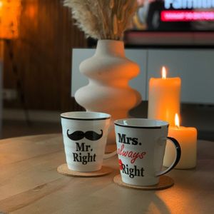 Mr. & Mrs. Right Mokkenset - Koffiemokken voor Stellen - Valentijnscadeau - Keramisch Porselein - Inclusief Giftbox