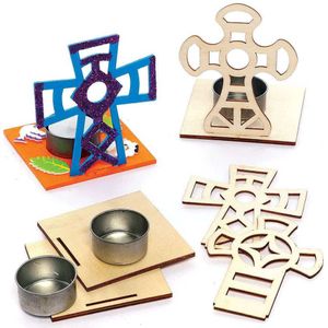 Kruis houten theelichthouder kits  (4 stuks) Pasen Knutselactiviteiten