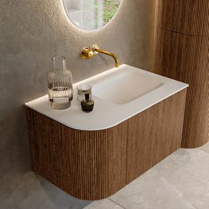 Mondiaz kurve 75 cm onderkast greeploos 1 lade met deuren walnut, wastafel solid surface rechts talc 0 kraangaten zonder spiegel