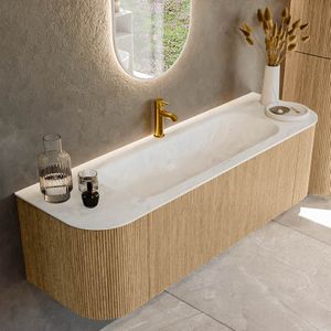 Mondiaz kurve-dlux 150 cm onderkast greeploos 1 lade met deuren oak, wastafel solid surface midden opalo 1 kraangat zonder spiegel