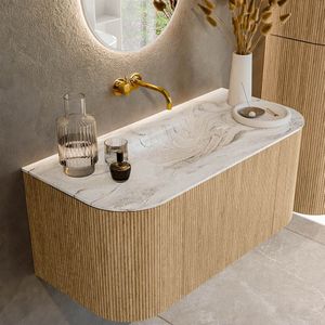Mondiaz kurve-dlux 100 cm onderkast greeploos 1 lade met deuren oak, wastafel solid surface midden glace 0 kraangaten zonder spiegel