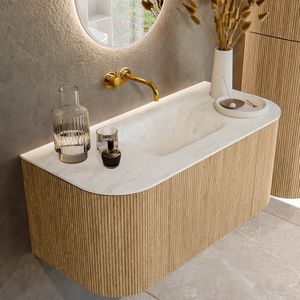 Mondiaz kurve-dlux 100 cm onderkast greeploos 1 lade met deuren oak, wastafel solid surface midden opalo 0 kraangaten zonder spiegel