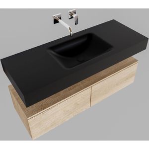 Badkamermeubel bws ibiza 120 cm washed oak twee soft-close lades solid surface wastafel mat zwart