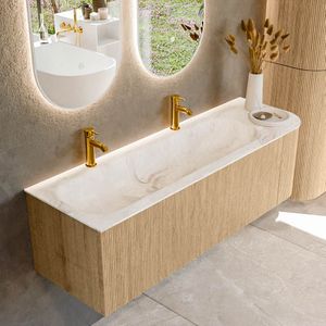 Mondiaz kurve-dlux 145 cm onderkast greeploos 1 lade met deuren oak, wastafel solid surface links frappe 2 kraangaten zonder spiegel
