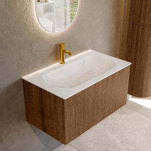 Mondiaz kurve-dlux 80 cm onderkast greeploos 1 lade zonder deuren walnut, wastafel solid surface volledig ostra 1 kraangat zonder spiegel