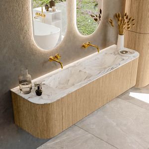 Mondiaz kurve-dlux 170 cm onderkast greeploos 1 lade met deuren oak, wastafel solid surface dubbel glace 0 kraangaten zonder spiegel
