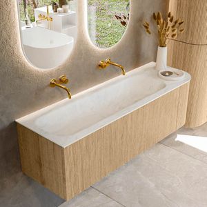 Mondiaz kurve-dlux 145 cm onderkast greeploos 1 lade met deuren oak, wastafel solid surface links opalo 0 kraangaten zonder spiegel